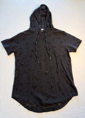 Liegou Mens Black Distressed Ripped Short Sleeve Hoodie T-Shirt